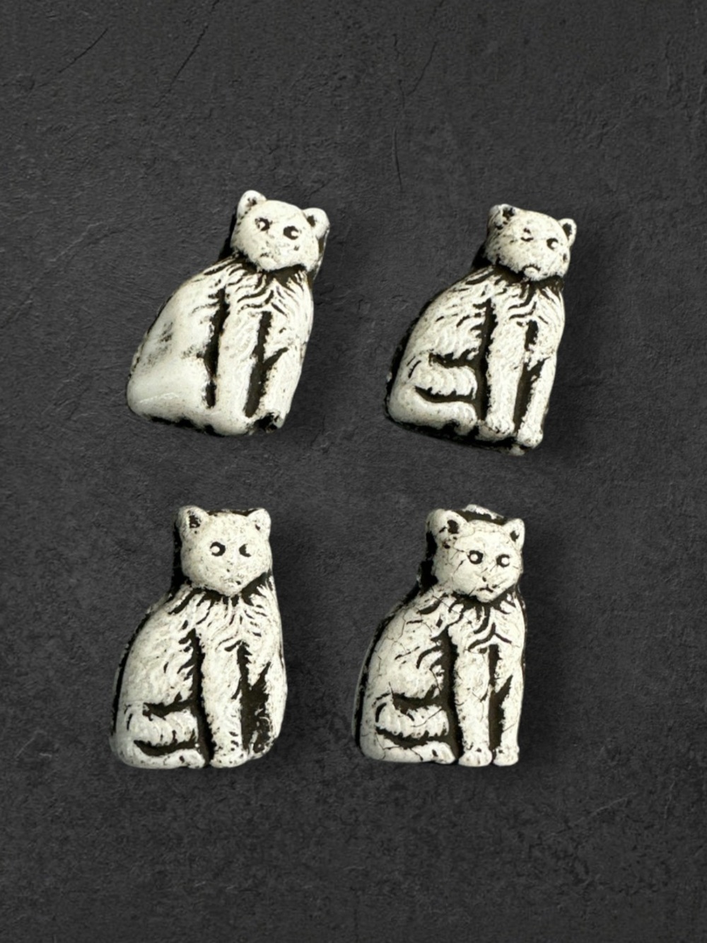 Vintage Australian molded glass cat beads set of 4 Gray and White 15mm X 10mm